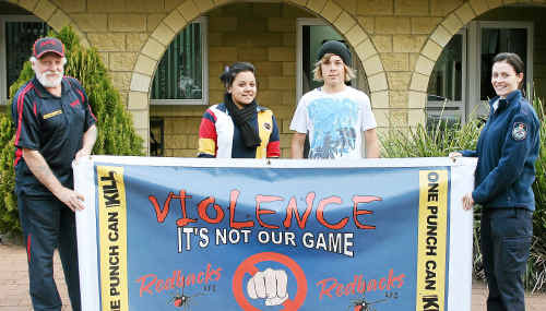 (From left) Redbacks coach Colin Pope, Warwick State High School students Megan McIntosh and Alec Duncan and Warwick Police Acting Senior Constable Sarah Ellis. (From left) Redbacks coach Colin Pope, Warwick State High School students Megan McIntosh and Alec Duncan and Warwick Police Acting Senior Constable Sarah Ellis.